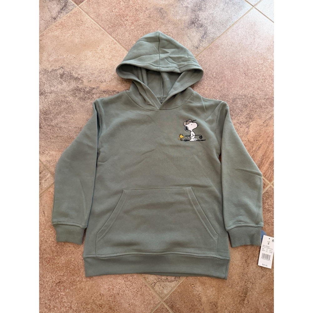 Boys' Peanuts Snoopy & Woodstock Sage Green Fleece Hoodie Size Small NWT